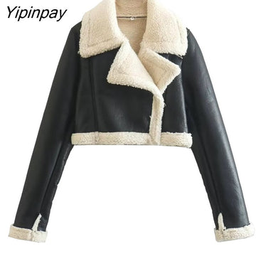 Yipinpay Women Fashion Thick Warm Faux Shearling Jacket Coat 2023 Vintage Long SleeveHem Female Short Outerwear Chic Tops